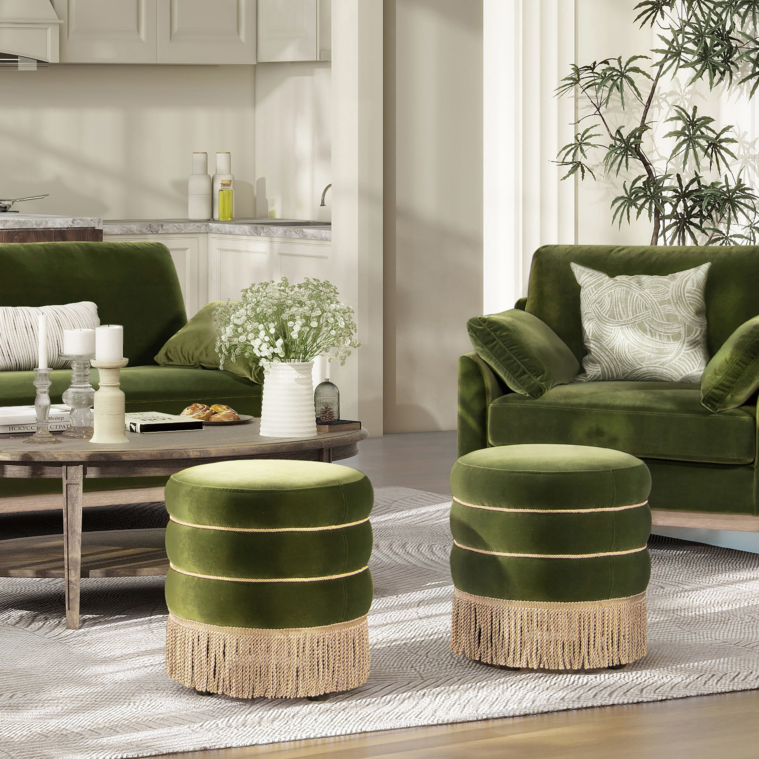 Ottomans With Storage Edward 17.5" Round Upholstered Ottoman with Bullion Fringe, Olive Green Performance Velvet,Living Room Ottomans