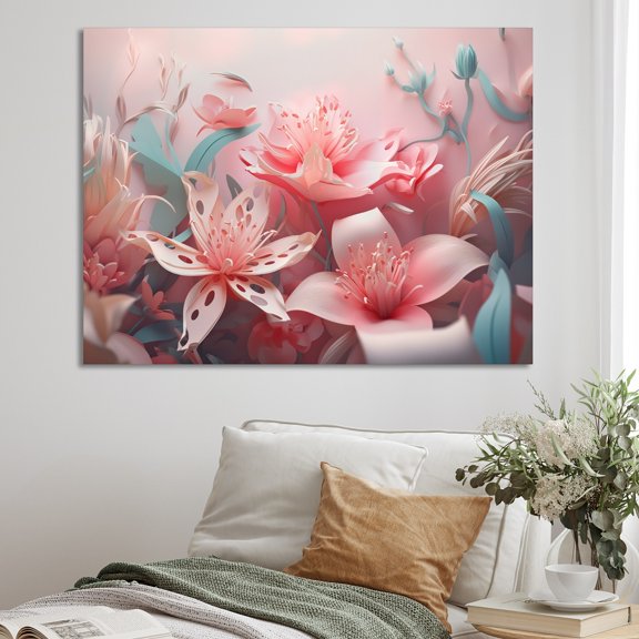 DESIGN ART Designart "Pink Green Peonies Celebration I" Floral Peony Canvas Wall Art 32 in. wide x 24 in. high