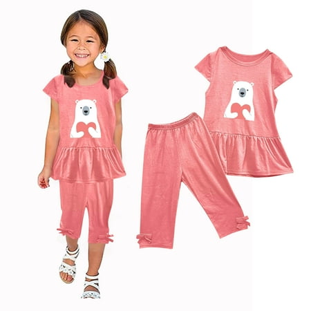 

Ismonst Kid Toddler Girl Bear Printed Short Sleeve T-Shirt Sets Elastic Waist Shorts Set 2Pc Clothing for Summer