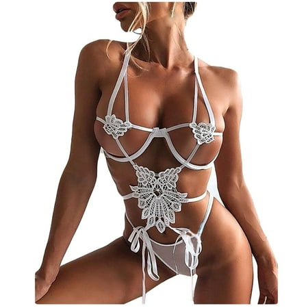 

BIZIZA Women Babydoll Halter Cut Out Strappy Bodysuit One Piece Sexy Lingerie Womens Teddy White S