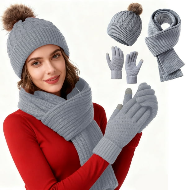 Conjunto De Gorro, Bufanda Y Guantes De Punto De Color Liso, De Lana, Clidos Y Resistentes Al Fro, Para Uso En Exteriores E Invierno, Para Protegerse Del Fro, Paquete De 3, Color Negro., UKHBMC
