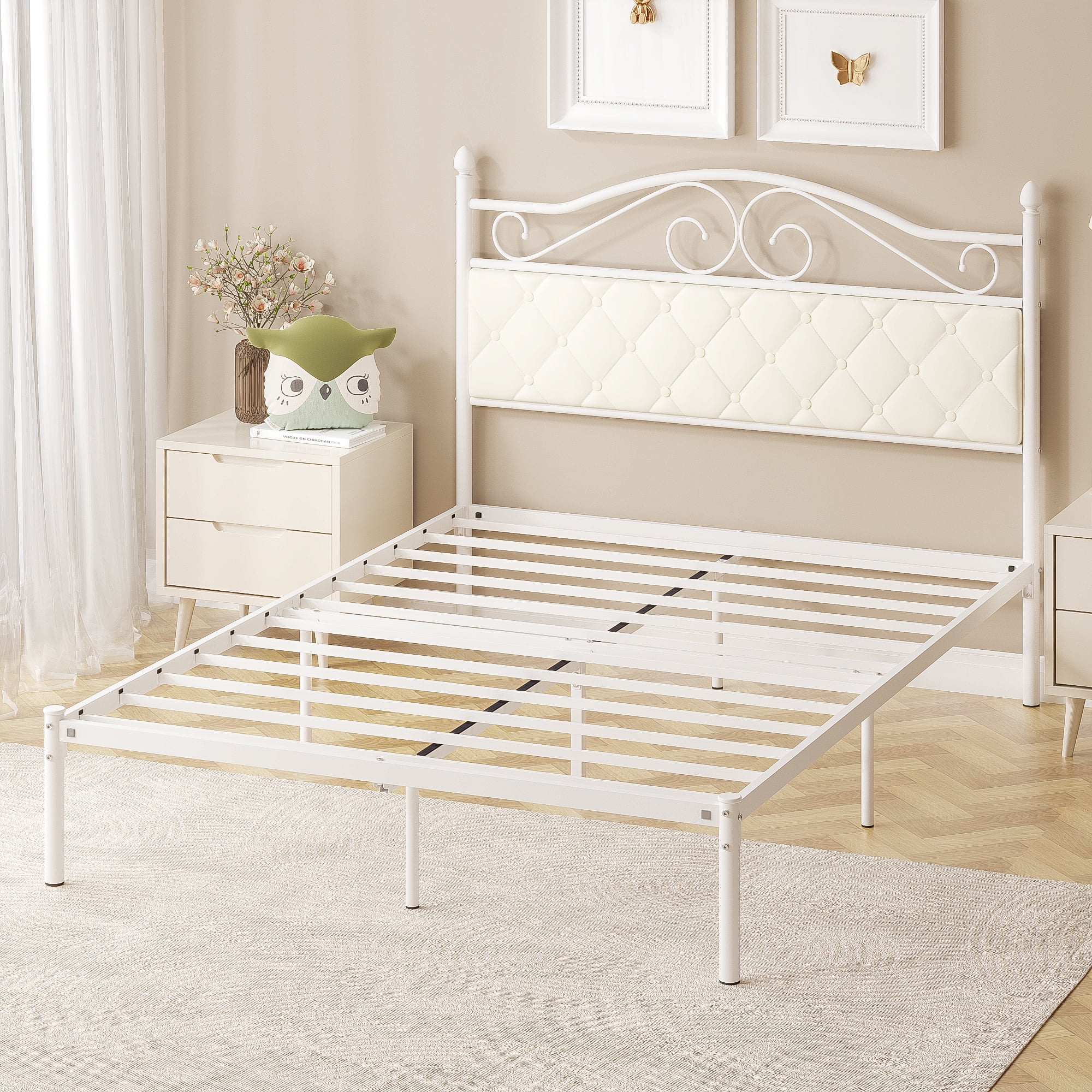 Yoneston Full Size Metal Platform Bed Frame with Faux Leather Upholstered Headboard for Adults Kids Bedroom Furniture, White