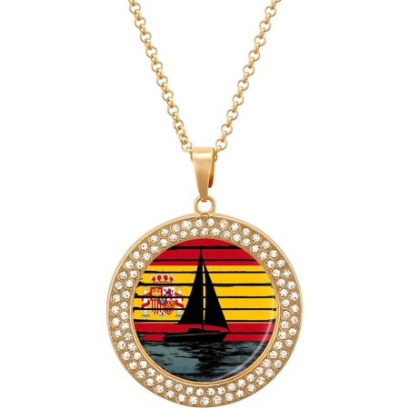 Spanish Flag Elegant Sailing Sailboat Ship Womens Necklaces Inlaid Crystal Round Alloy Pendant Necklace Petite Gift Jewelry[a066]