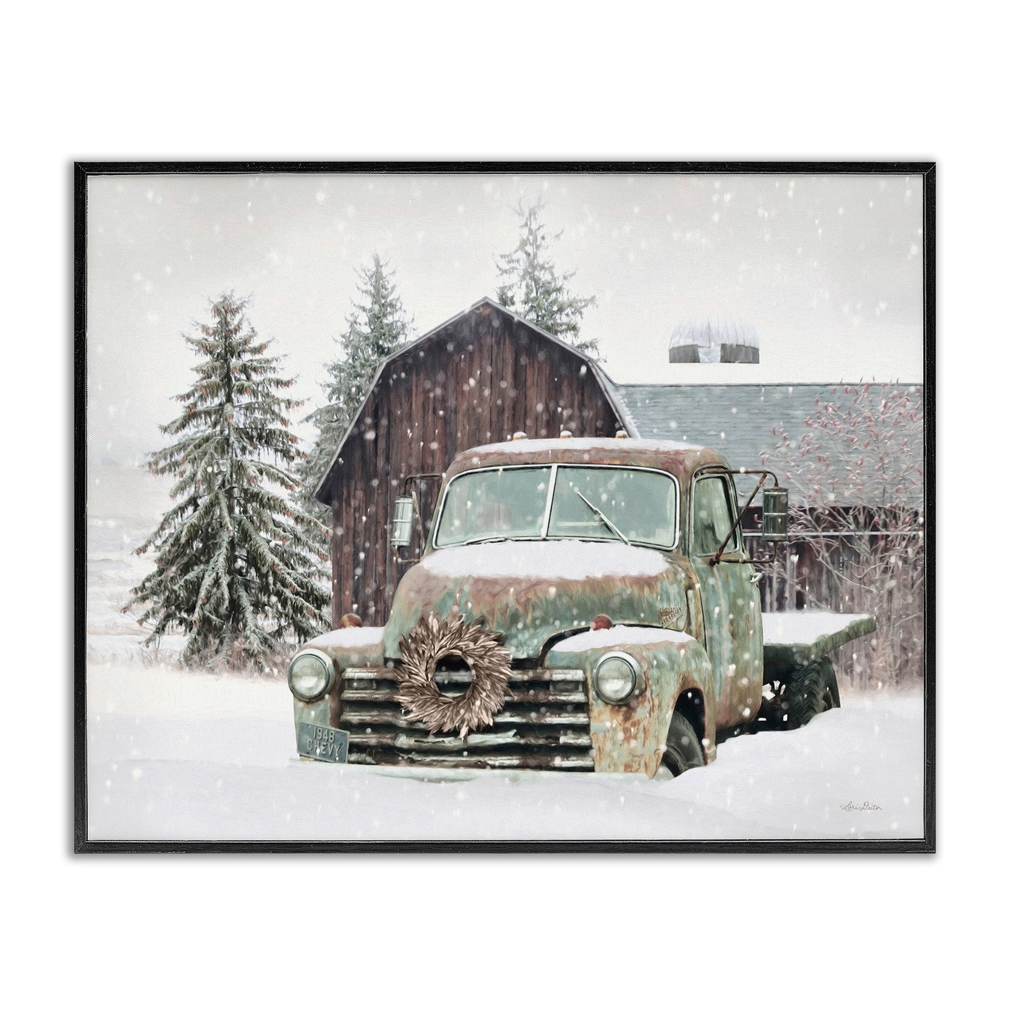 Rural Vintage Truck & Barn Snowy Winter Landscape Transportation Painting Framed Art Print Wall Art