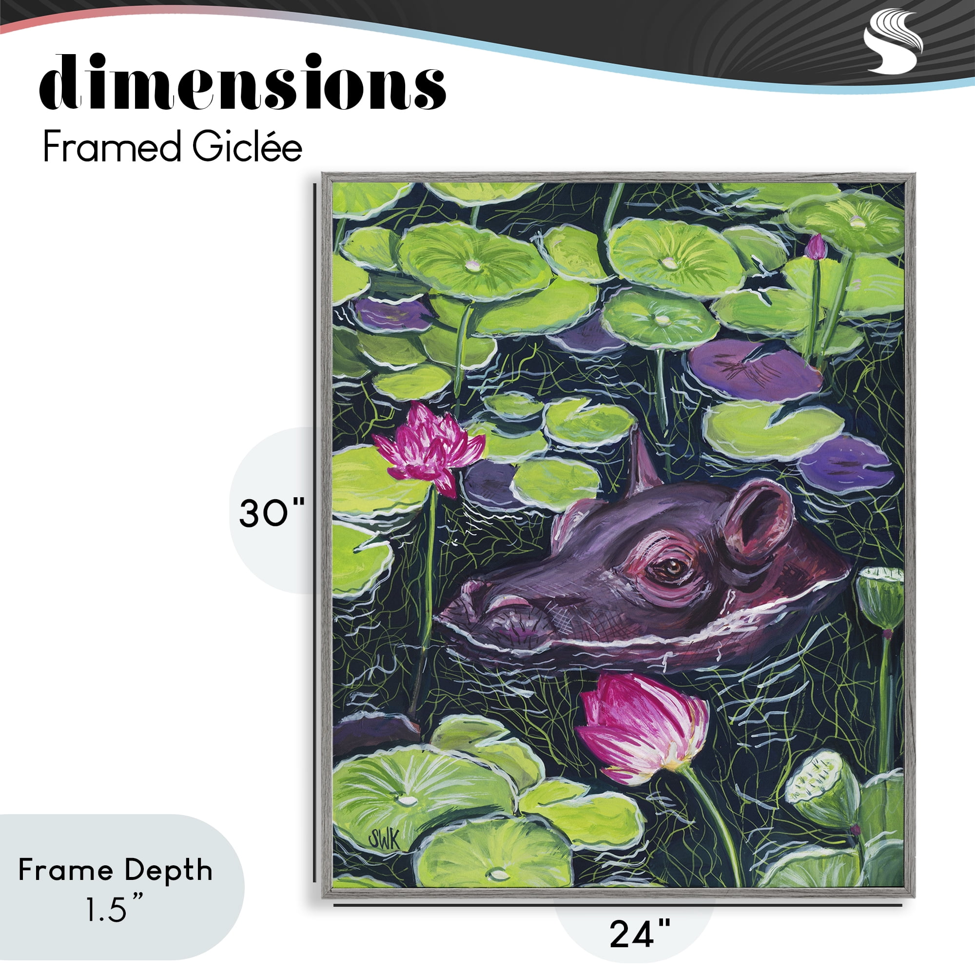 Stupell Industries Hippo & Blossoms Pond Gray Framed Giclee Art, design by Sarah Waldron Kimball