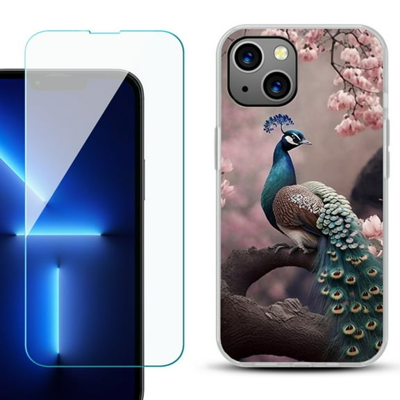 OneToughShield ® for iPhone 13 Shockproof Phone Case, with Tempered Glass Screen Protector - Peacock Flower