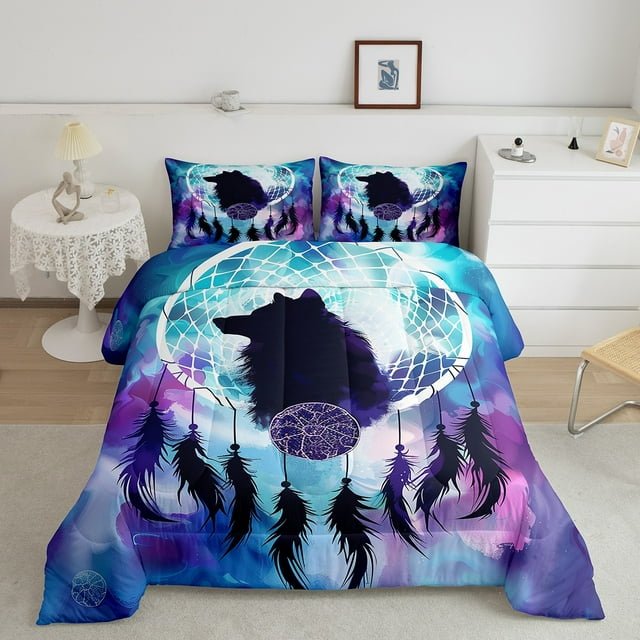 YST Literie pour Enfants 3D Wolf Ensemble de Douillette Bohème Attrape-Rêves Wolf Ensembles de Douillette pour Garçons Enfants Ados Courtepointe Attrape-Rêves Galaxie Colorée Tribale Wolf Couette Intérieure Grand Lit