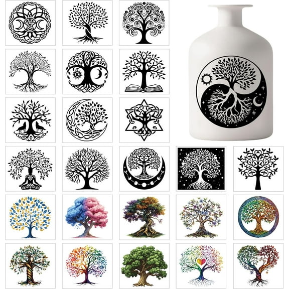 25 Sheets Tree of Life Colorful Mason Jar Decal Stickers Moon Phases Plastic Decal Stickers Adhesive Lantern Jar Sticker for Window Lamp Glass Cup Vase Art Home Decor