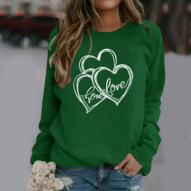 Fartey 2025 Chandail en Molleton pour Femmes Saint-Valentin Décontracté Manches Longues Col Rond Chandail Mignon Graphique Mode Vacances Chandails en Molleton Vert
