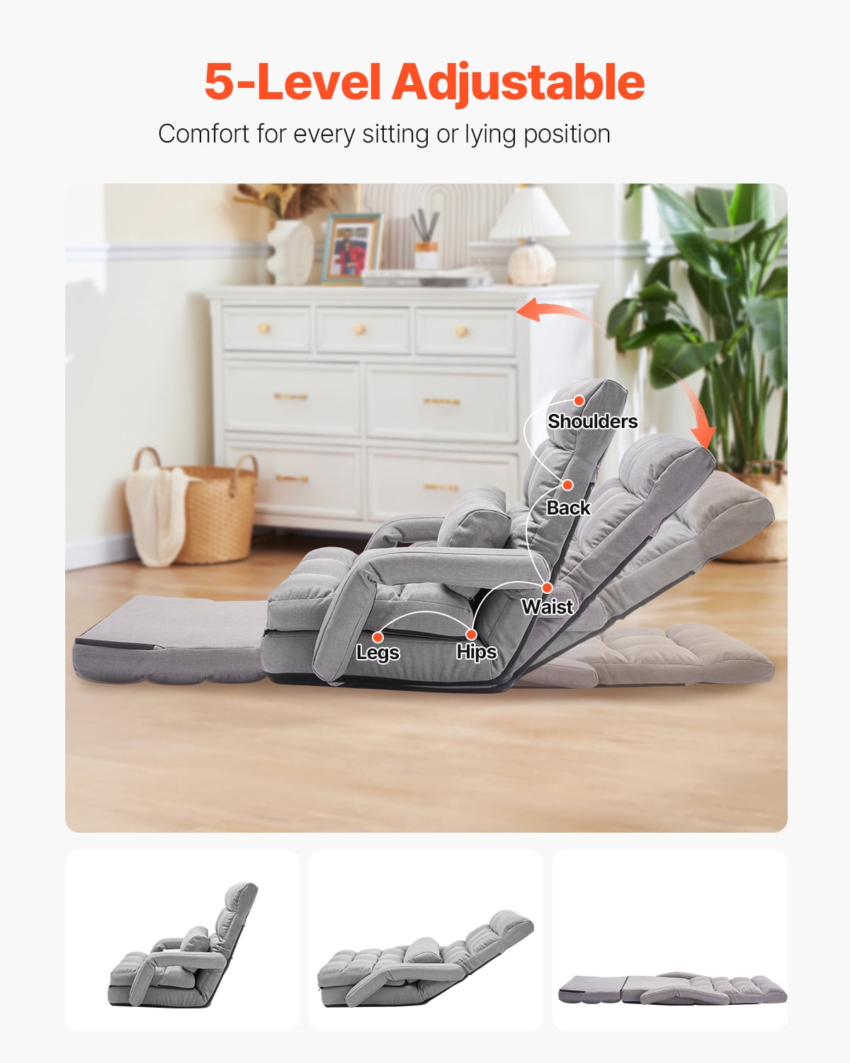 VEVOR Floor Chair, Floor Gaming Chair with 5 Adjustable Position and Back Support, Folding Sofa Chair with Armrest for Adults, Sofa Lounger Bed with Back Cushion for Living Room and Bedroom, Gray