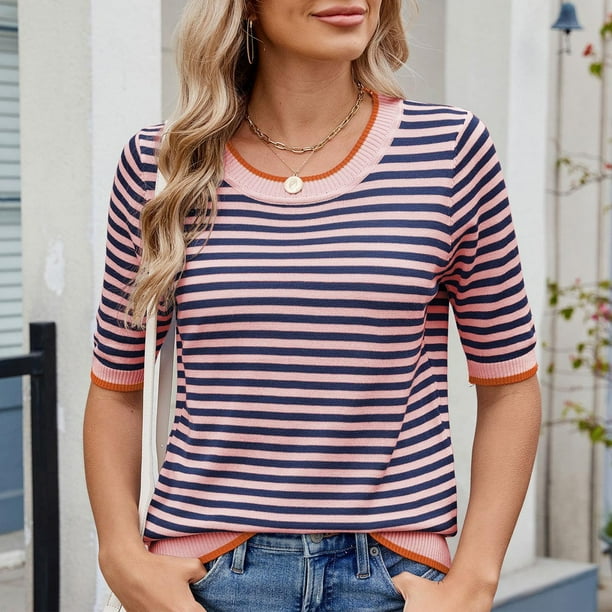 mfyjkho Tops Para Salir, Blusas De Manga Corta A Rayas Para Mujer, Cuello Redondo, Estilo Casual Y De Moda. Tops Para Hacer Ejercicio Xl