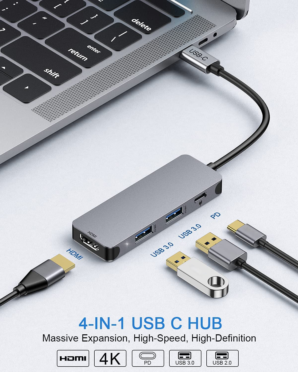 USB C hub, 4K USB C to HDMI, 2 USB C to USB 3.0 and FlashDrive, Type C Hub USB-C power adapter, suitable for Mac Book Pro, Chromebook, Deal XPS and Samsung Galaxy S8/S8+/S9/S9+/Note 8 (4 silver ports)