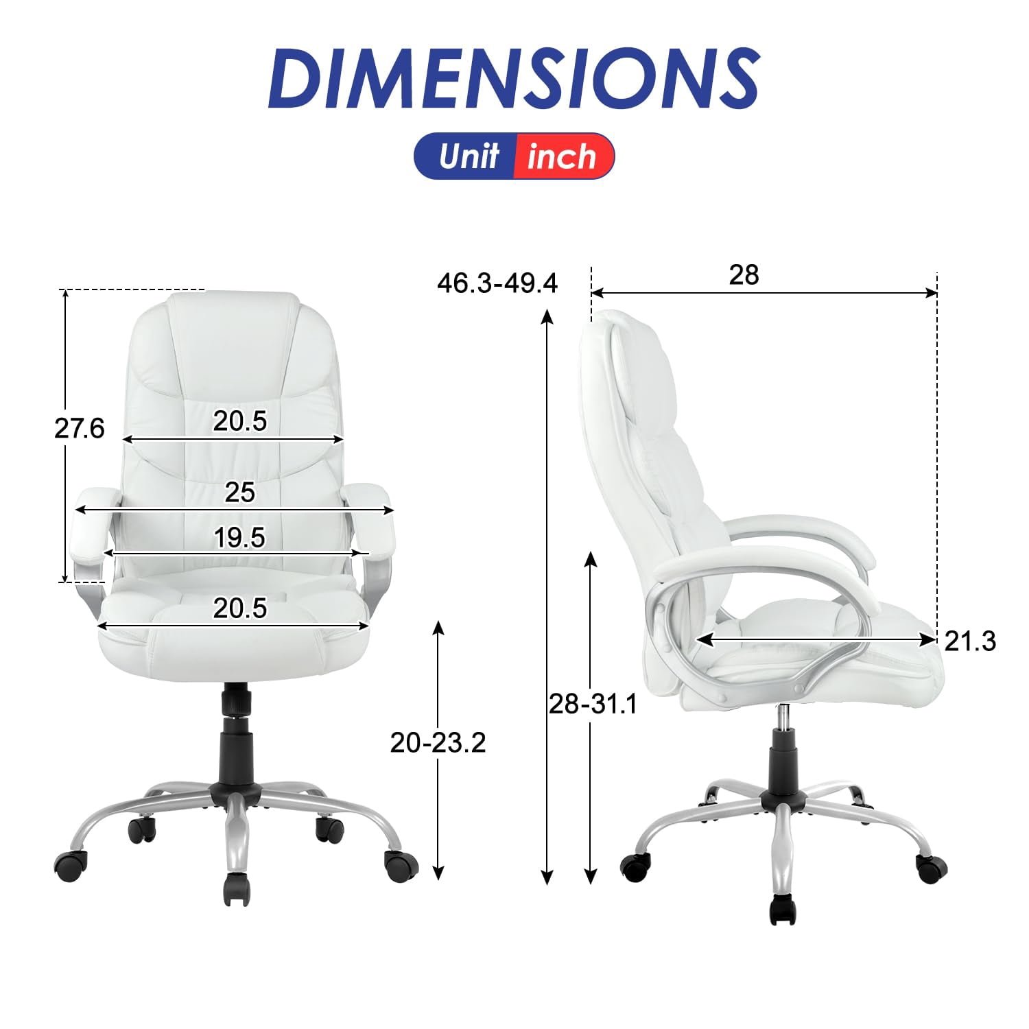 PayLessHere White Executive Office Chair - Ergonomic High Back w/Lumbar Support