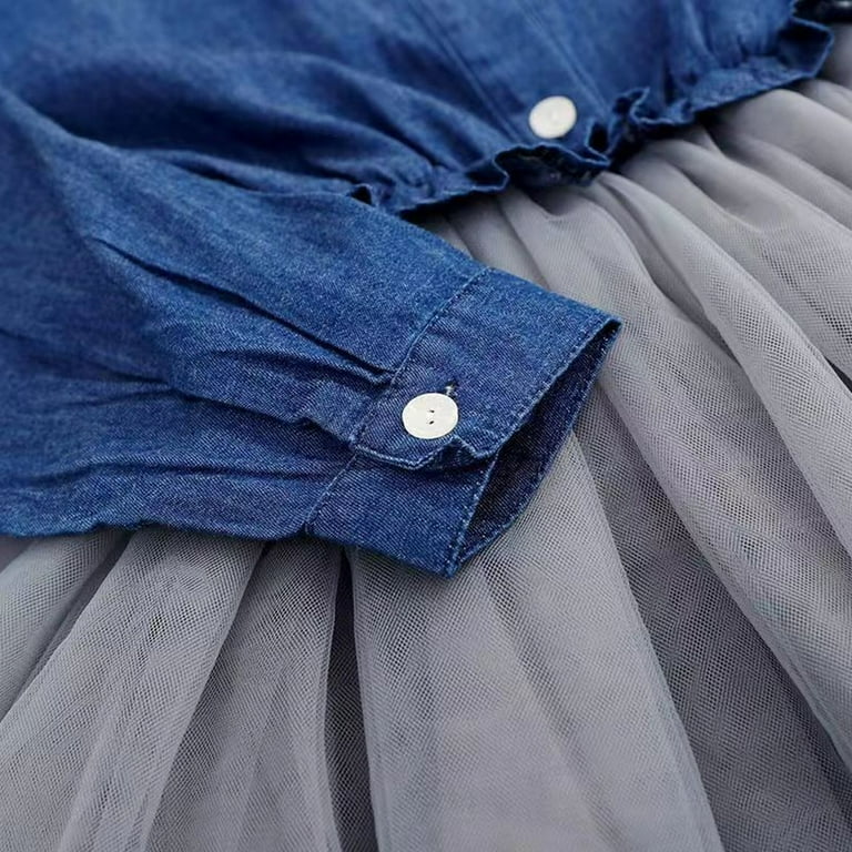 LYMAYTER Kids Girls Denim Dresses Baby Sweet Mesh Princess Peplum
