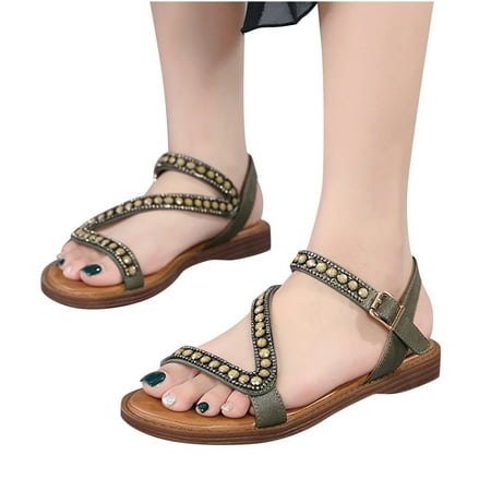 

Kukoosong Sandals Women Summer Sandals for Women Flat Slip On Sandals Roman Shoes Open Toe Casual Sandals Flat Summer Beach Sandals Green 41