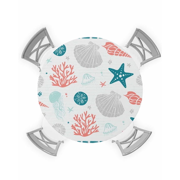nqOlkjepod Teal Red Coastal Round Tablecloth, Fitted Table Cover with Elastic for 55"-60" Round Tables, Ocean Nautical Starfish Coral Striped Table Cloth Outdoor Dinning Party Waterproof Tablecloths