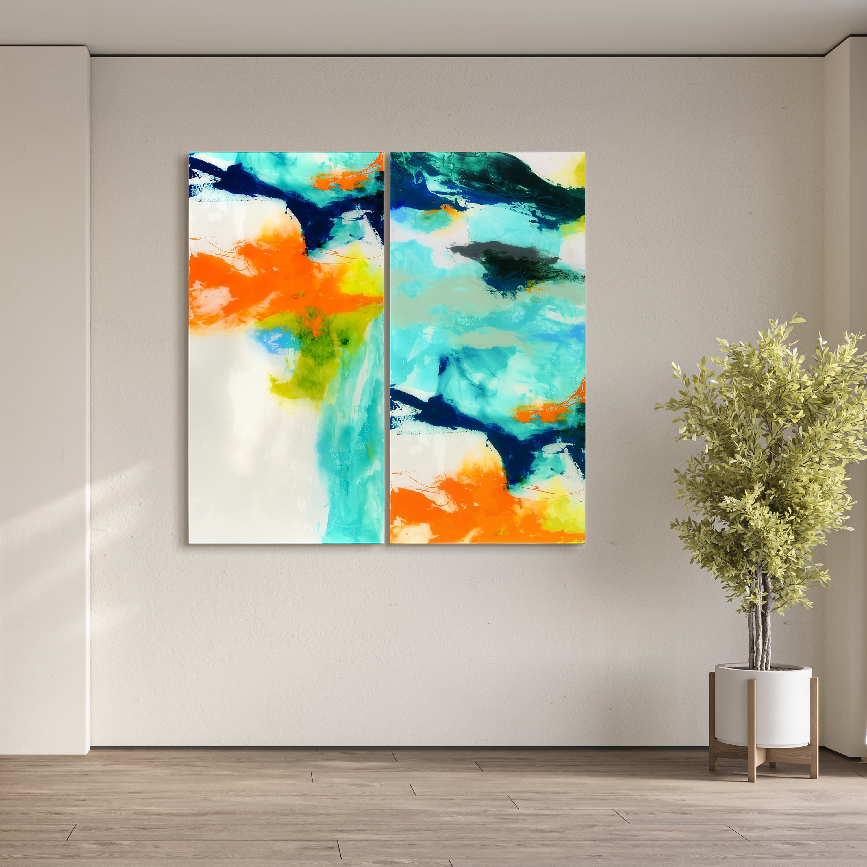 Empire Art Direct Tidal Abstract 1 & 2 Frameless Free Floating Tempered Glass Panel Graphic Wall Art, 24" x 48" each, Ready to Hang