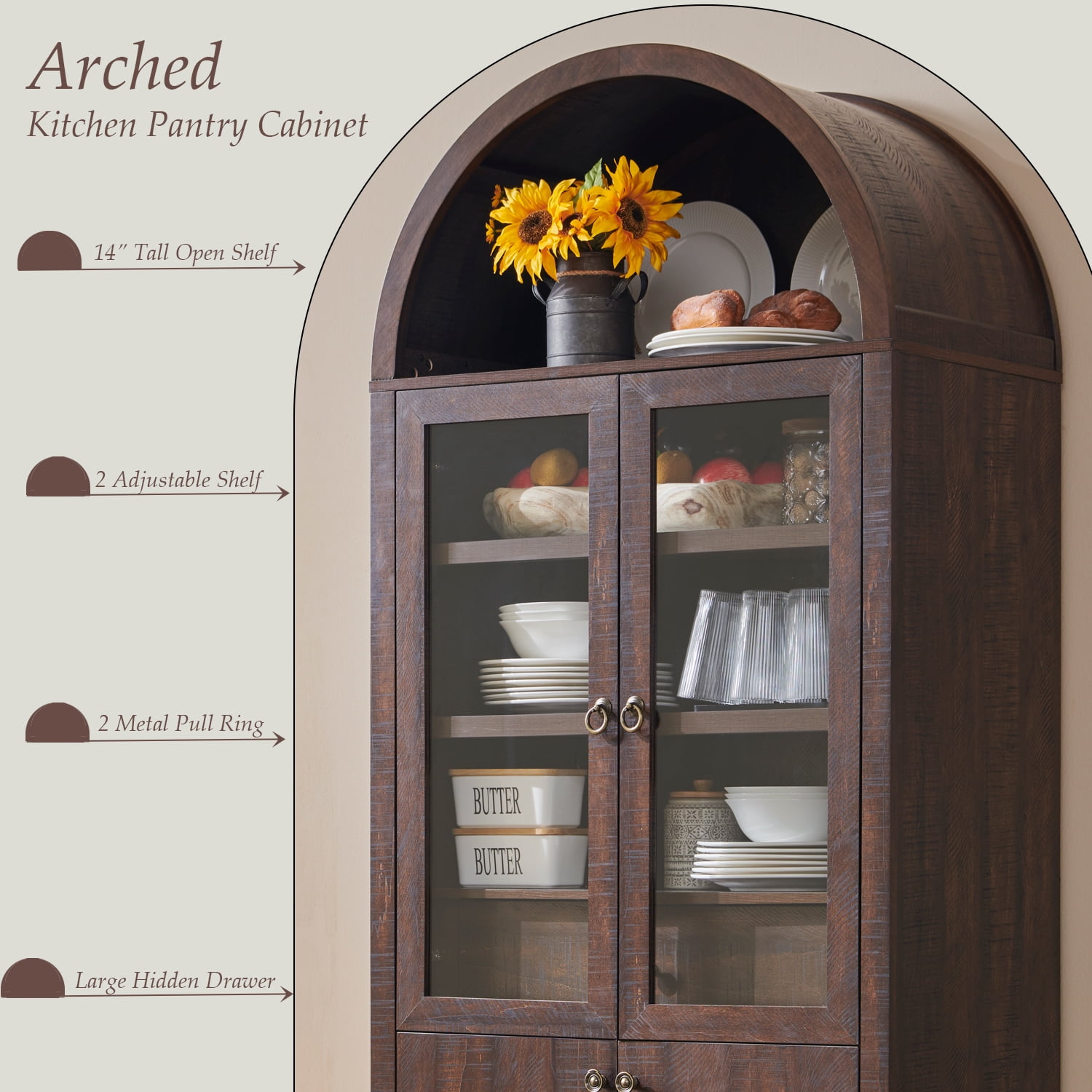 SinCiDo Arched Kitchen Pantry Storage Cabinet 71 Tall Wood Pantry Shelves with 2 Doors 2 Large Drawers for Dining Room Living Room