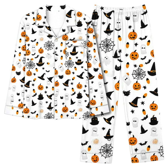 SwiftWear Fall Long Sleeve Pajama Set for Women Halloween Themed Witch Hat/Pumkin Print Sleepwear Cozy Button-Down Top with Relaxed Fit Lounge Pants