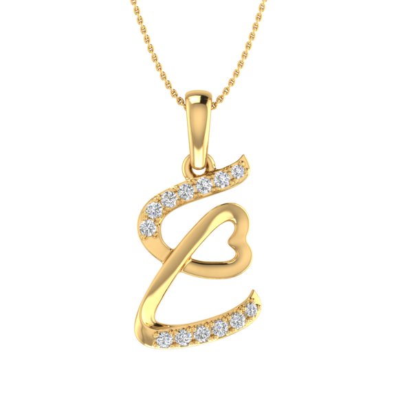 1/10 Carat Diamond Heart Initial E Letter Pendant Necklace in 14K Yellow Gold (with Silver Chain)