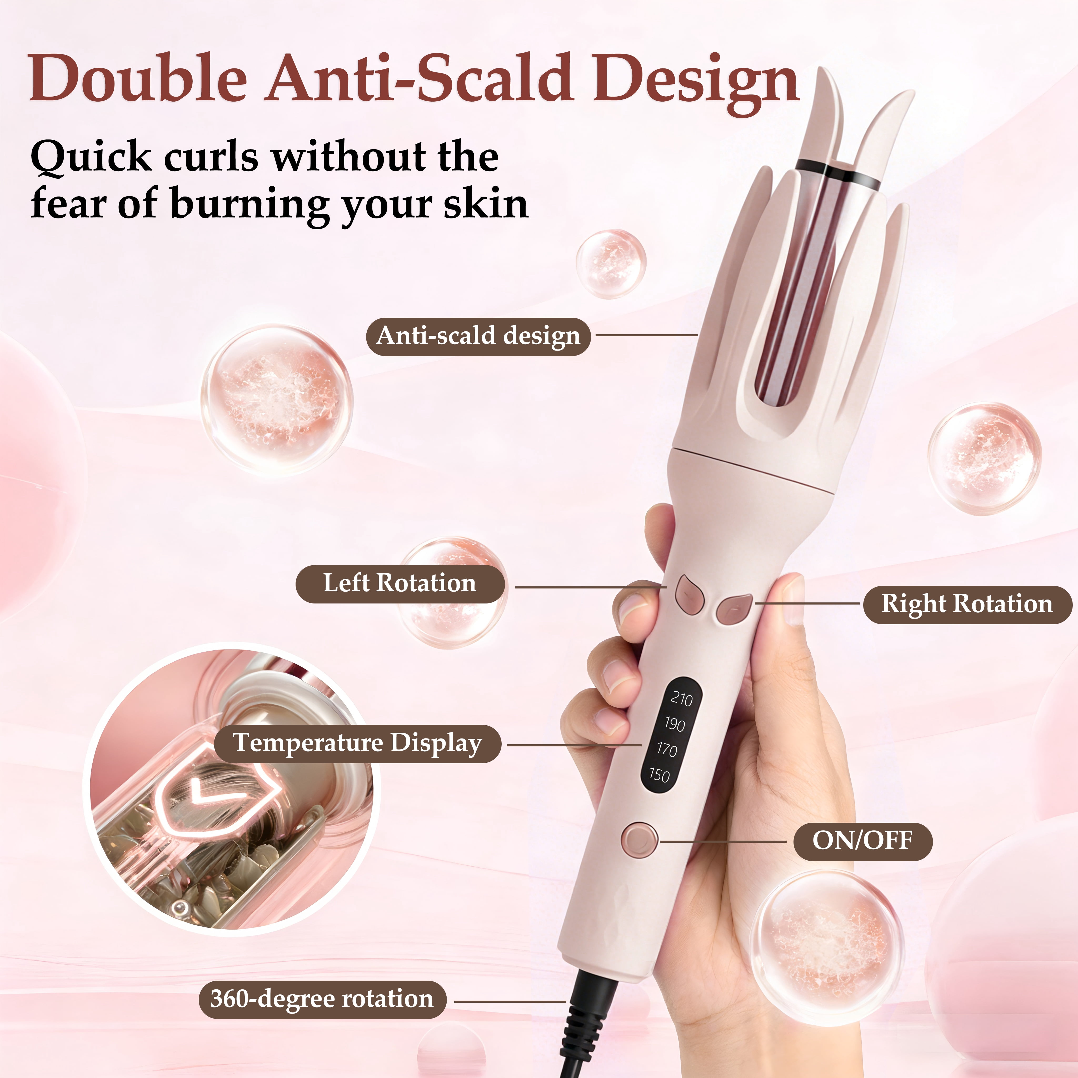 Moremore 1.10 in Automatic Curling Iron, Electric Curling Wand, Anti-Tangle Rotating Ceramic Hair Curler, Negative Ionic, Pink