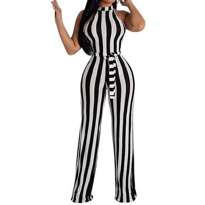 KABOER Women's Black and White Striped Sleeveless Jumpsuit Belt Zipper Back Wide Leg Loose Jumpsuit Harness Slim