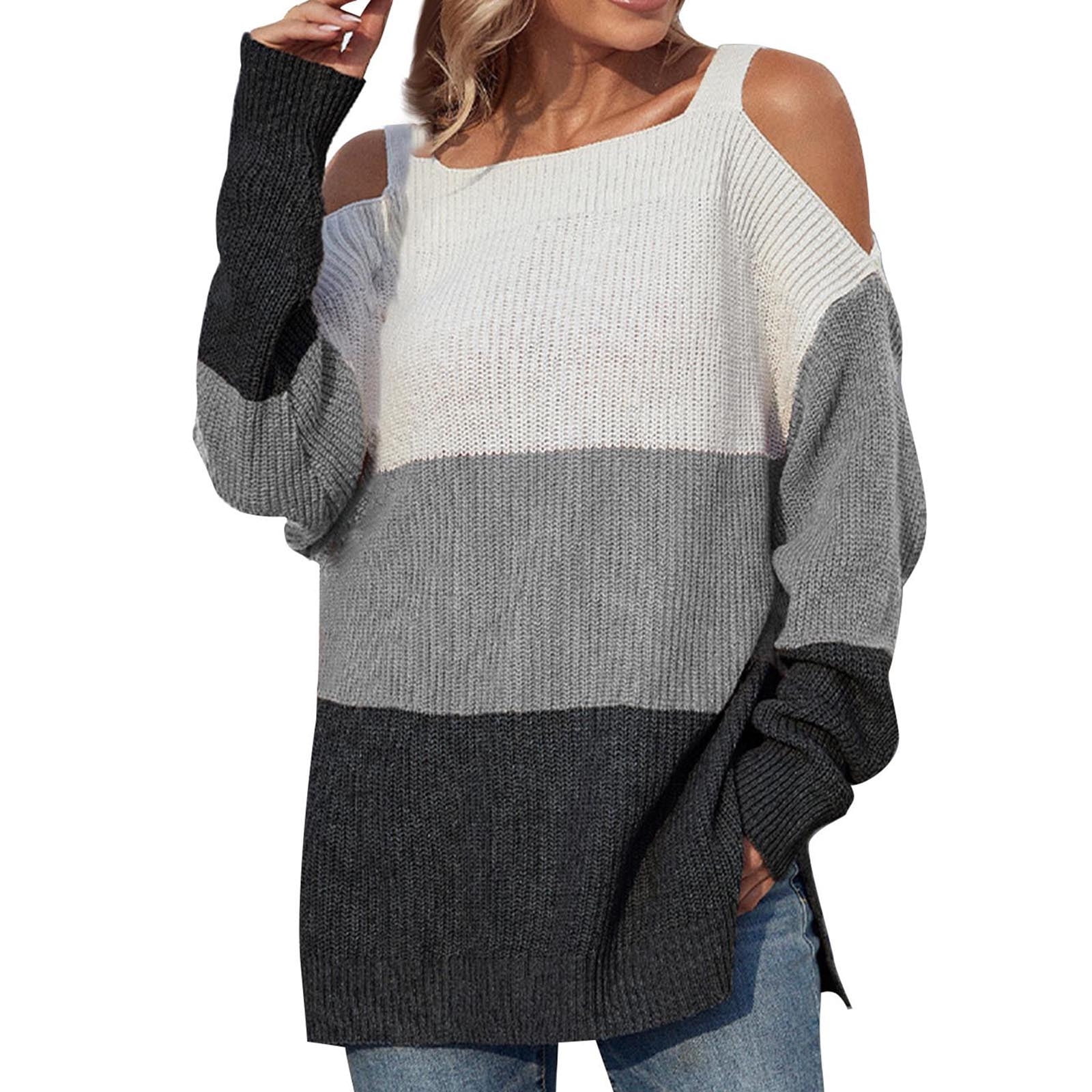 Ladies Colorblock Long Sleeve Square Neck Off Shoulder Thin Sweater Top ...