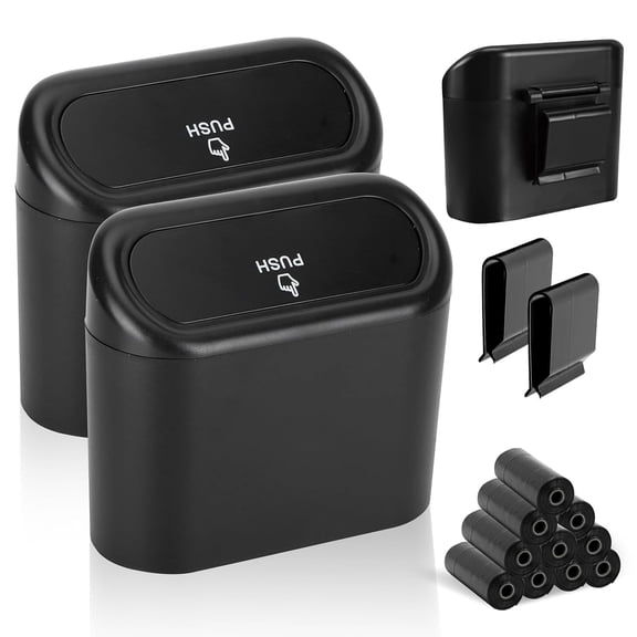EcoNour Car Trash Can 2 Pack, Mini Leakproof Garbage Bin with Lid & 10 Trash Bag Rolls, Organizer for Car, Office & Kitchen