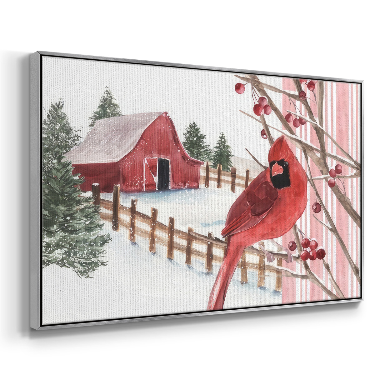 Winter Cardinal Collection A - Framed Gallery Wrapped Holiday Canvas - 25 x 37 - Silver Frame