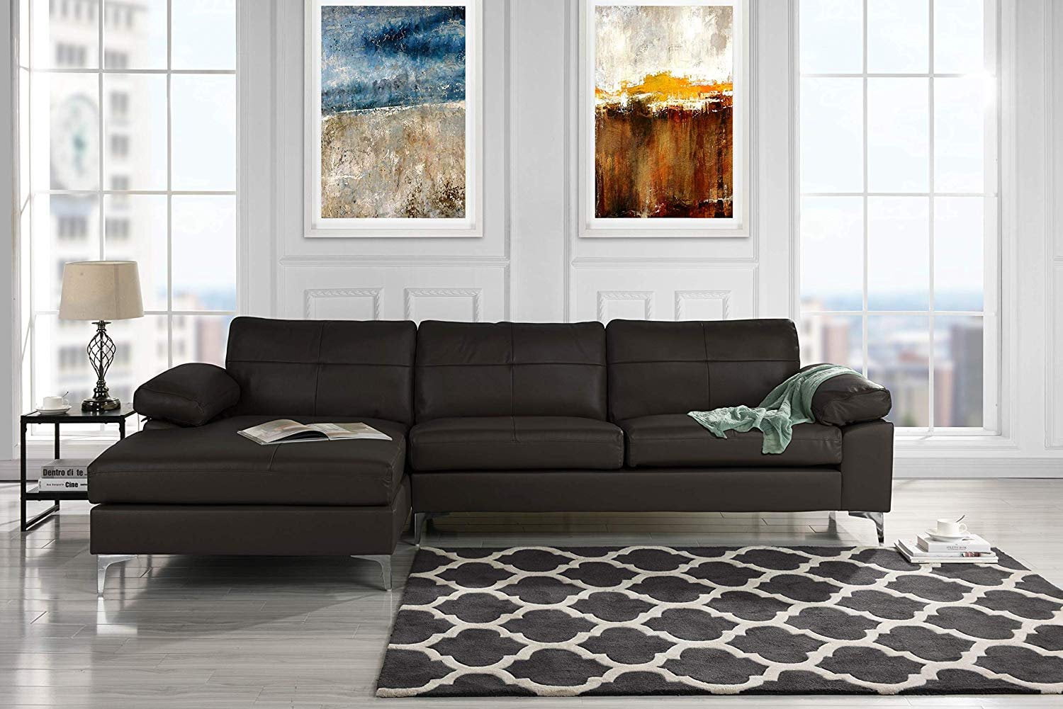Leather Sectional Sofa L Shape Couch With Chaise Dark Brown Walmart Com Walmart Com