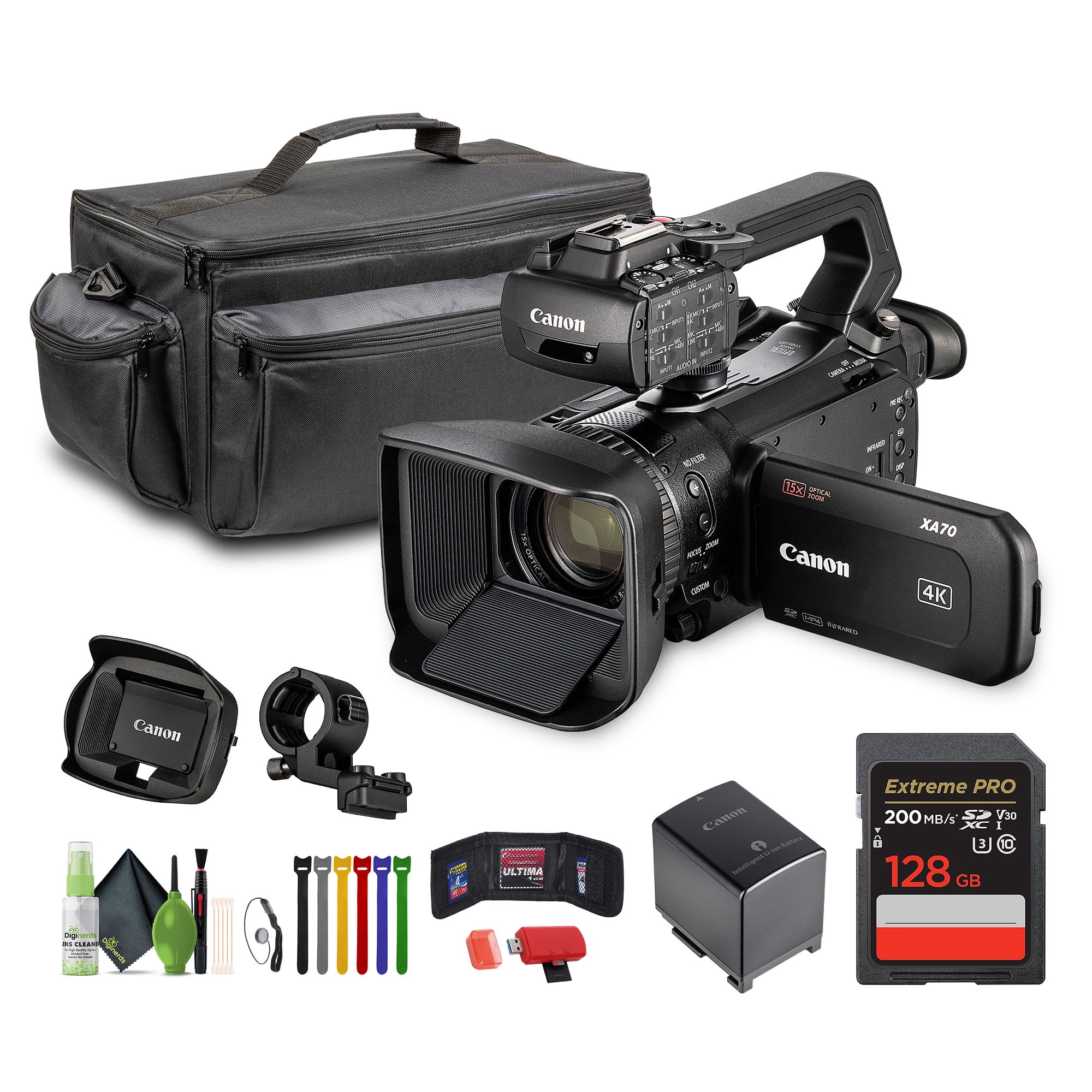 Canon XA70 PAL 4K UHD / 25p Camcorder with Dual-Pixel Autofocus Bundle With 128GB Memory Card + Carrying Case + Cleaning kit(International Model)