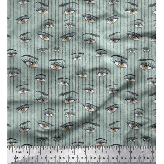 Soimoi Green Poly Georgette Fabric Stripe & Eyes Face Printed Fabric 1 Yard 42 Inch Wide