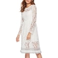 thumbnail image 3 of ibuvkizy Fall Midi Dresses for Women 2024 Clearance! Women's Elegant Lace Long Sleeve Round Neck Casual Madi Dress White,L, 3 of 4
