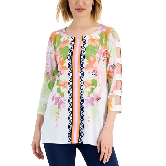 JM Collection Womens Printed Cutout-Sleeve Top Bright White Combo M