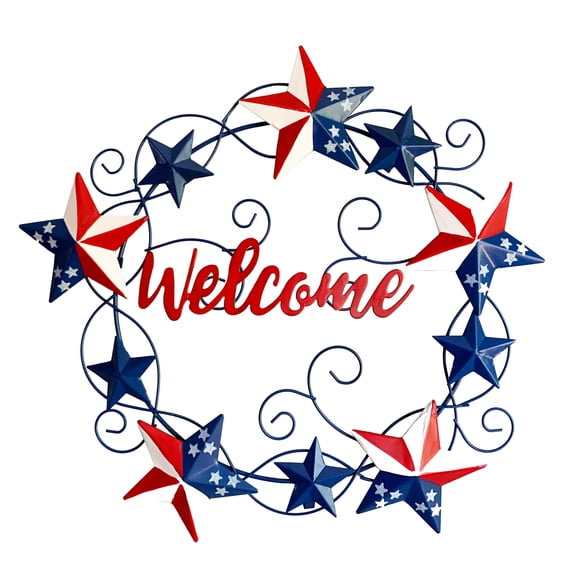 Hanging Metal Welcome Sign Patriotic Wall Door Decoration, Rustic Americana Star Decorative Sign Front Door Wreath