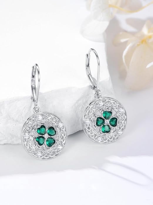 CACA LADY St Patricks Day Earrings Shamrock Earrings for Women 925 Sterling Silver Four Leaf Clover Earrings