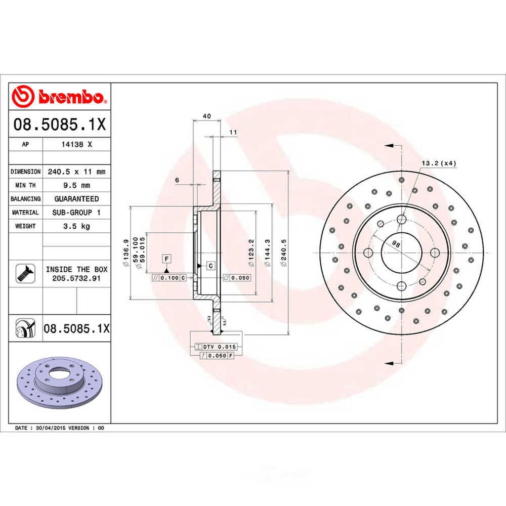 Brembo KTX0087 ceramic brake pad and XTRA solid drilled brake disc kit