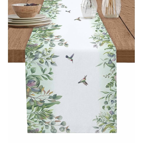 Leaf Bird Table Runner 36 Inches, Sage Greeen Botanical Watercolor Plant Bed Runner Dresser Scarves Tabletop for Indoor Outdoor Parties/Ceremony/Banquet, 13"x 36"