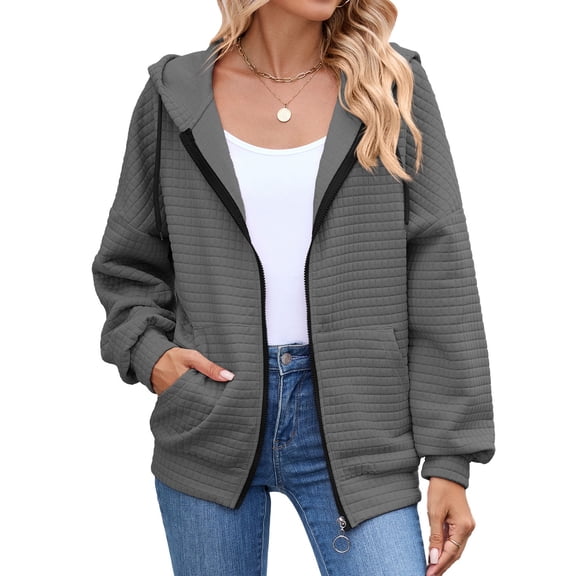 SWSMCLT Women's Hooded Sweatshirt Full Zip Hoodie Fashion Long Sleeve Winter Fall Comfy Casual Zip Pocket Coat Dark Grey Large