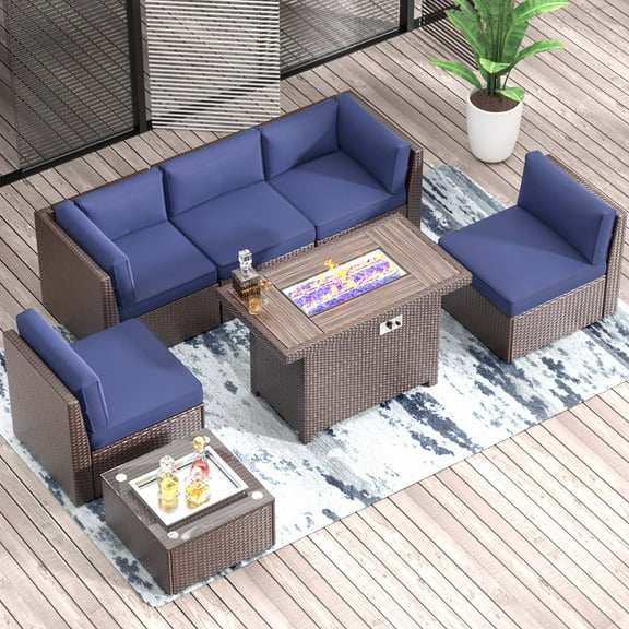 Clouddwell 7-Piece Outdoor Patio Set,4-Inch Thickened Cushions, All-Weather Wicker Sectional with Fire Table, Coffee Table & Custom Protective Cover Navy