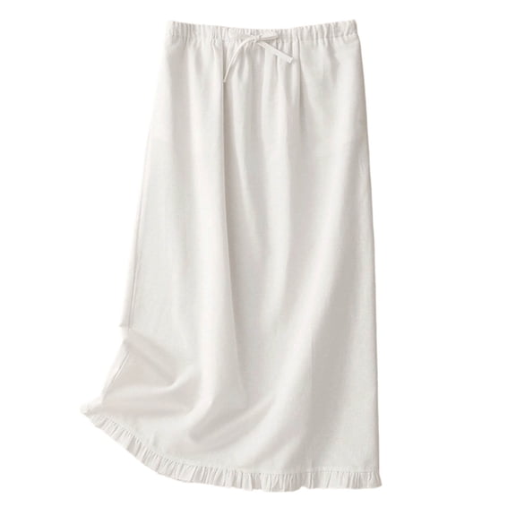 Women Linen Midi Skirt, High Waist A Line Casual Skirt, Ruffle Hem Flowy Half Skirt, Solid Lightweight Vacation Skirt