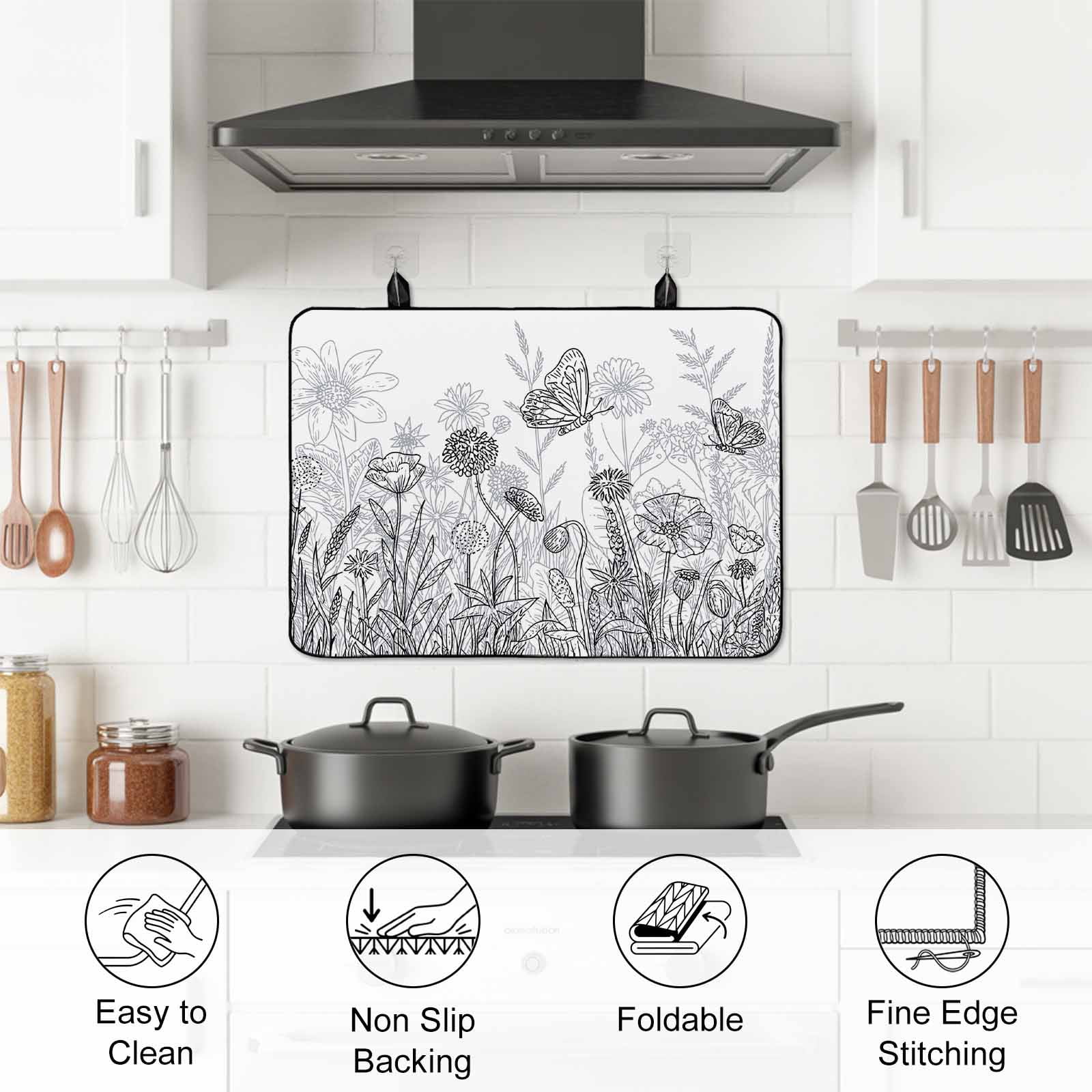 Grey Wildflowers Stove Top Cover for Electric Stove, Heat-proof & Non Slip Glass Top Stove Cover Protector, Modern Spring Floral Butterfly Plant Kitchen Flat Cooktop Rubber Mat 24x21 Inches