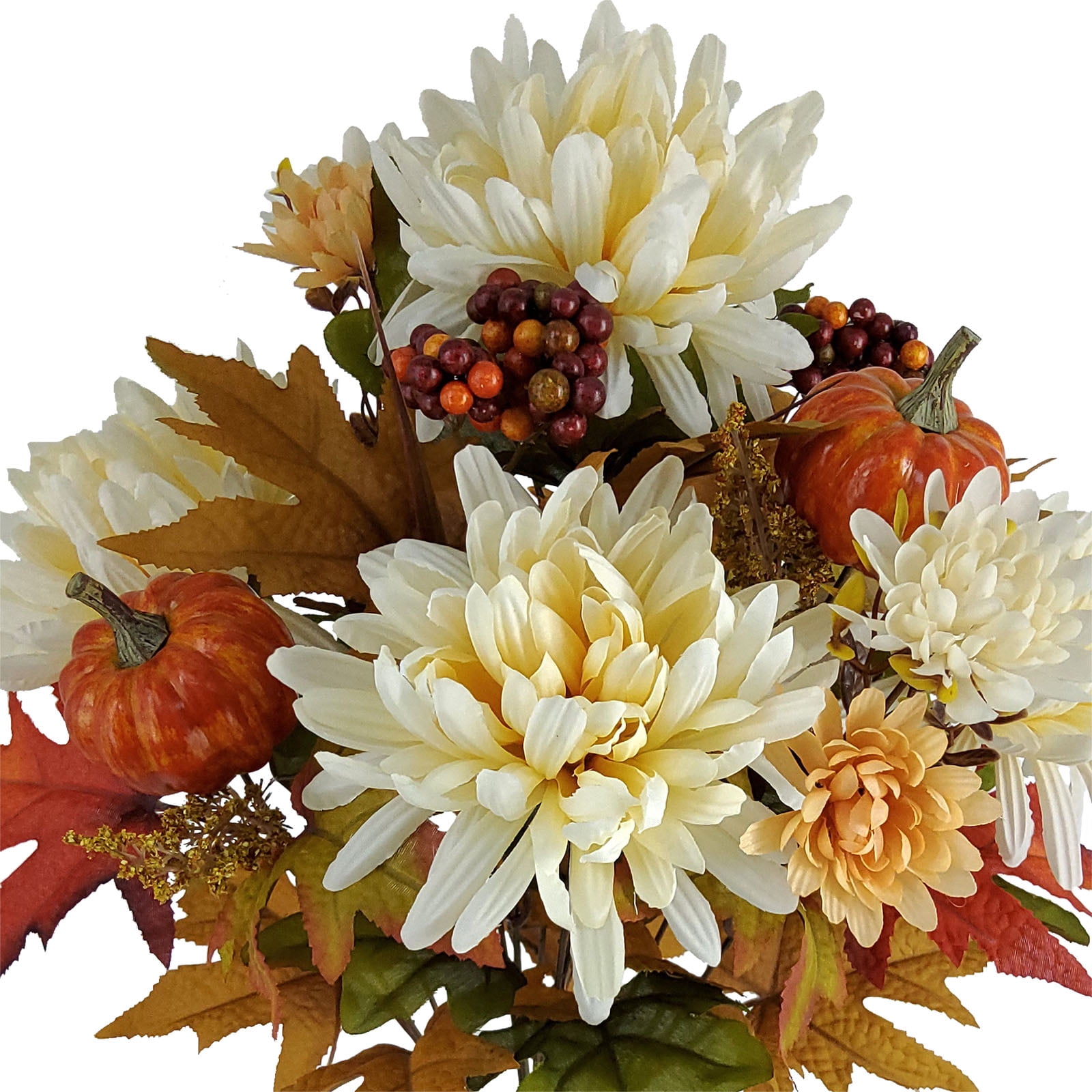 Mainstays 19.25in Indoor Artificial Cream Mum Bouquet, with Pumpkin and Leaves Accent.