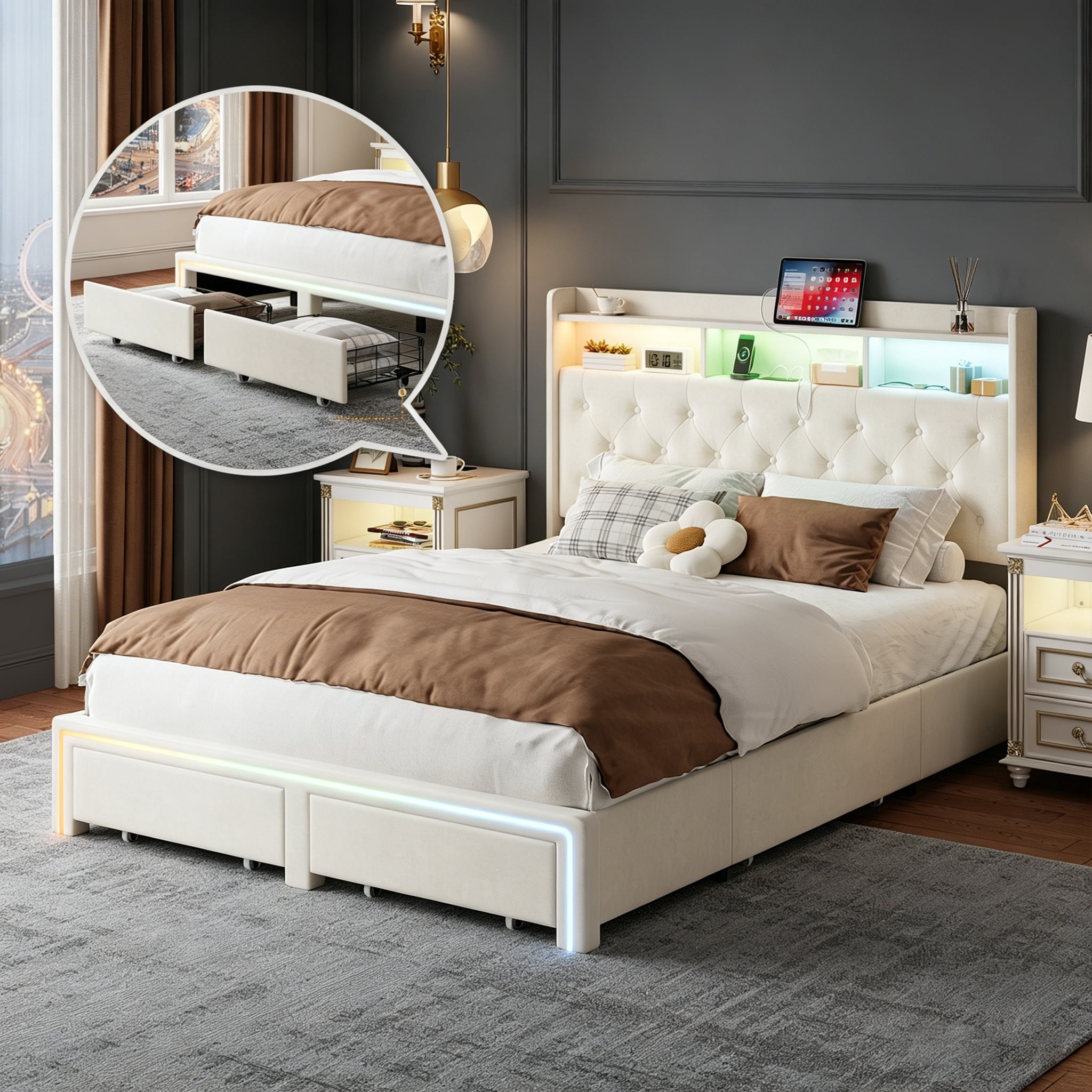 BSHTI QUEEN Size Beige Velvet Upholstered Platform Bed Frame with LED Storage Headboard, Charging Station, Underbed Drawers, Tufted Design, No Box Spring Needed, Modern Bedroom Furniture (Beige)