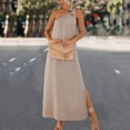 thumbnail image 5 of Olyvenn Stylish Womens Split Long Evening Dress Loose Fit Flowy Side Slit Casual Smocked Trendy Summer Strap Sleeveless Prom Dresses for Women Spring Vintage Solid Sundress Fashion Beige 4, 5 of 8