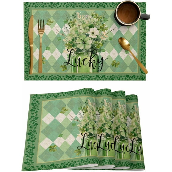 Green Lattice Placemats Set of 4,Washable Woven Burlap Cloth Fabric Placemat for Square/Rectangle/Round/Oval Dining Table,Easy Clean Place Mats St. Patrick''s Day Spring Vase Floral Leaves
