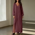 thumbnail image 5 of Guieoi Shift Dresses for Women 2026 Fall Long-Sleeve V-neck Cotton-Linen Split-Hem Dress Red L, 5 of 7