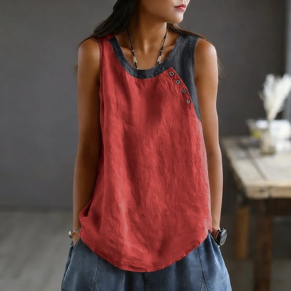 Women Tank Tops Cotton Linen Summer T Shirts Casual Sleeveless Boho Retro Contrast Color Lightweight Beach Tops 2026 Spring Summer Limited-time offer