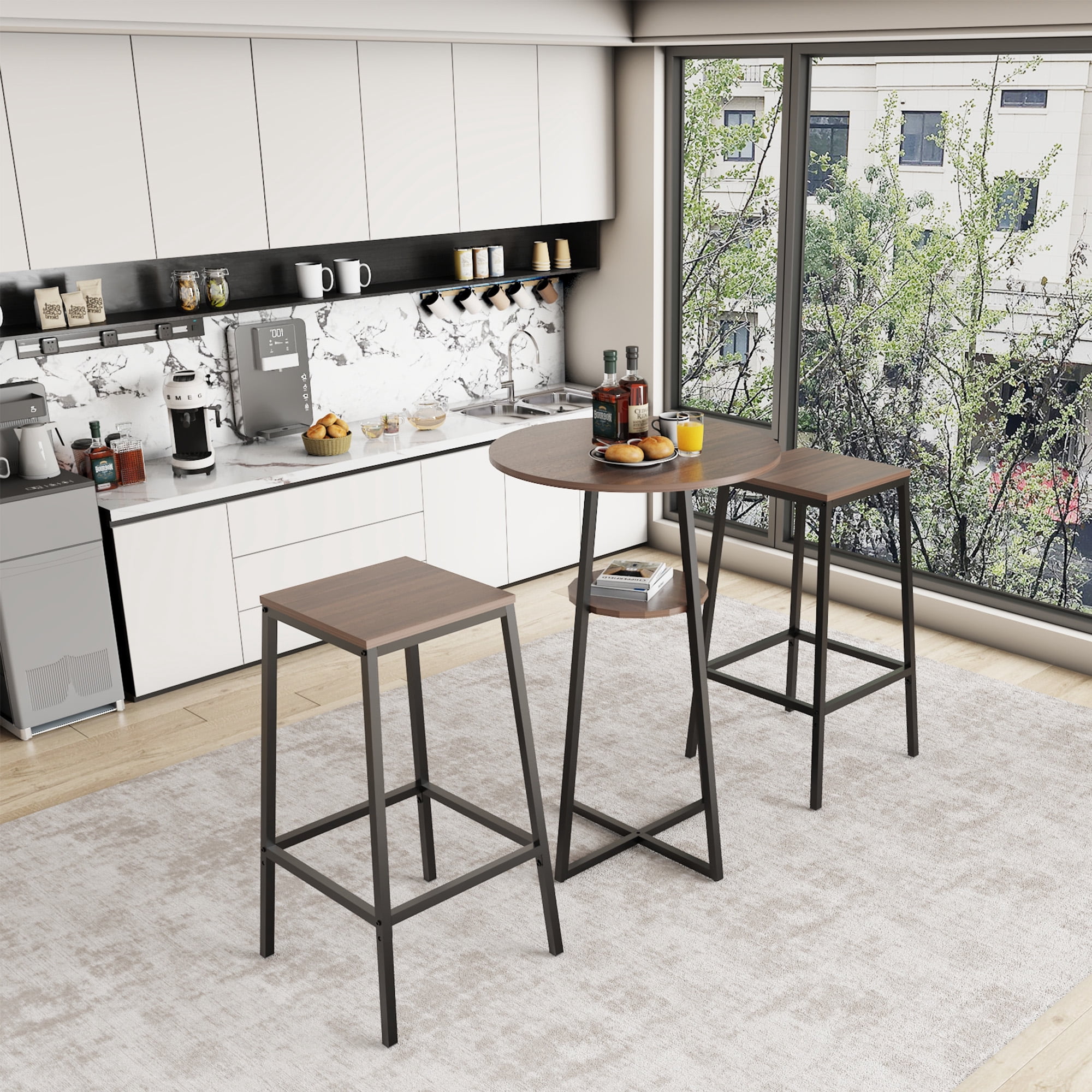 3 Piece Round Counter Height Bar Table Set With 2 Backless Bar Stools, Pub Bistro Table With Middle Storage Shelf, Industrial Wood Frame High Dining Table For Balcony, Kitchen & Small Apartment Home
