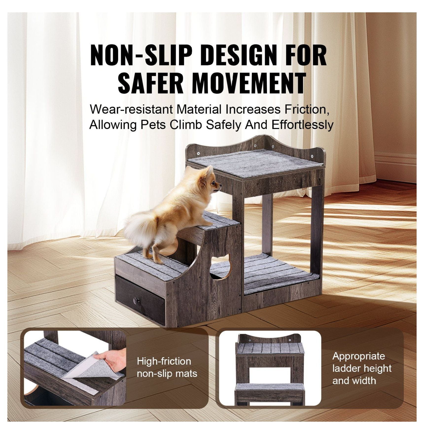 Pet Bunk Bed with Stairs Dog/Cat Window Perch with Storage Indoor Gray